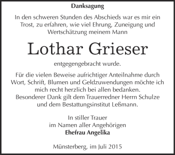 Traueranzeige von Lothar Grieser von WVG - Wochenspiegel Wittenberg