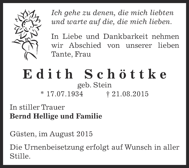  Traueranzeige für Edith Schöttke vom 29.08.2015 aus Super Sonntag Bernburg