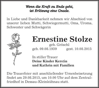 Traueranzeige von Ernestine Stolze von WVG - Wochenspiegel Dessau / Köthen