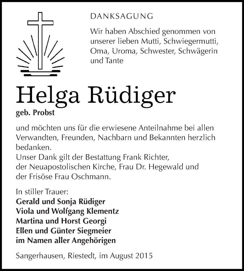  Traueranzeige für Helga Rüdiger vom 29.08.2015 aus Super Sonntag SGH Mansf. Land