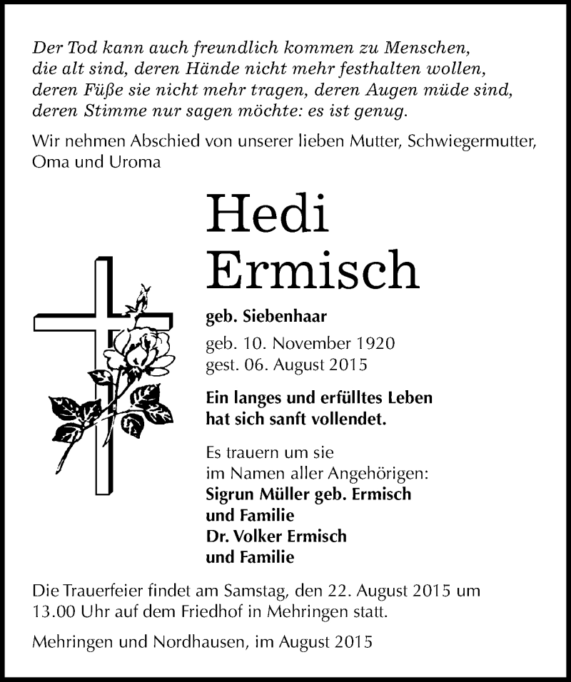  Traueranzeige für Hedi Ermisch vom 15.08.2015 aus Mitteldeutsche Zeitung Aschersleben