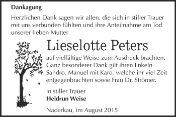 Traueranzeige von Lieselotte Peters von Super Sonntag Wittenberg