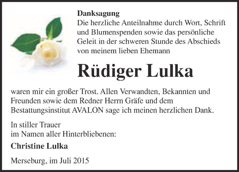  Traueranzeige für Rüdiger Lulka vom 01.08.2015 aus WVG - Wochenspiegel Merseburg