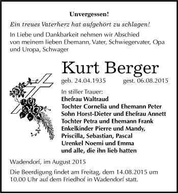 Traueranzeige von Kurt Berger von Mitteldeutsche Zeitung Bitterfeld
