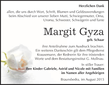 Traueranzeige von Margit Gyza von WVG - Wochenspiegel Merseburg