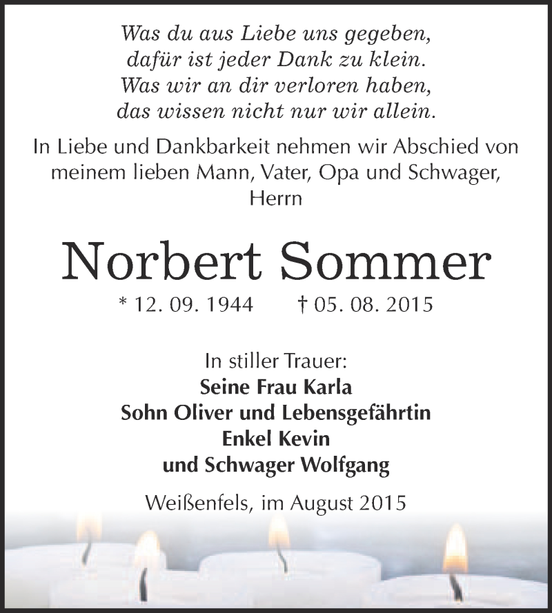  Traueranzeige für Norbert Sommer vom 19.08.2015 aus Super Sonntag Merseburg
