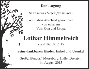 Traueranzeige von Lothar Himmelreich von WVG - Wochenspiegel Merseburg