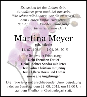 Traueranzeige von Martina Meyer von WVG - Wochenspiegel Dessau / Köthen