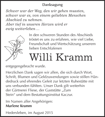 Traueranzeige von Willi Kramm von WVG - Wochenspiegel Quedlinburg