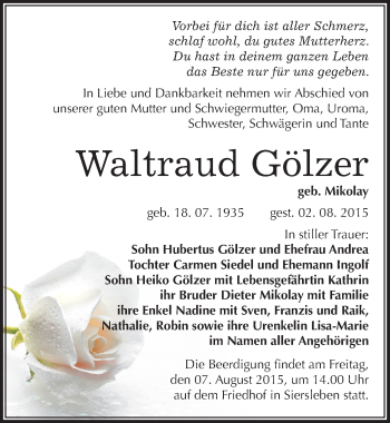 Traueranzeige von Waltraud Gölzer von Mitteldeutsche Zeitung Mansfelder Land