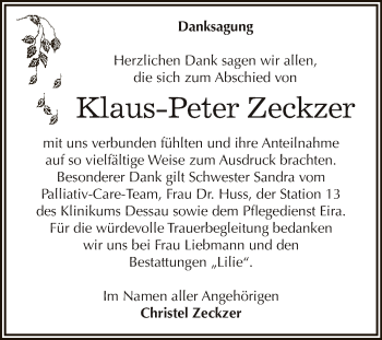 Traueranzeige von Klaus-Peter Zeckzer von WVG - Wochenspiegel Dessau / Köthen