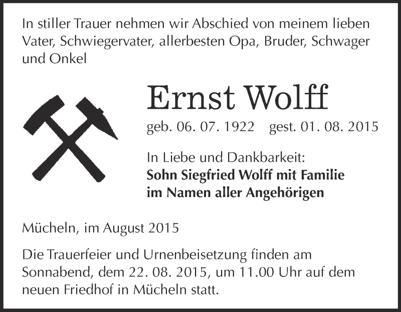  Traueranzeige für Ernst Wolff vom 08.08.2015 aus WVG - Wochenspiegel Merseburg