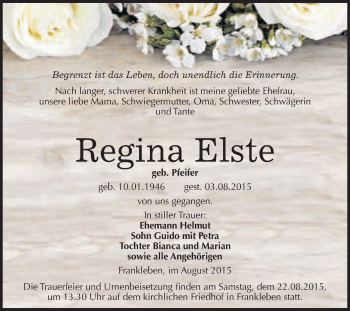 Traueranzeige von Regina Elste von WVG - Wochenspiegel Merseburg