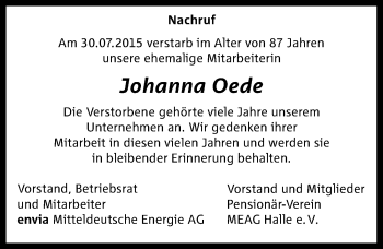 Traueranzeige von Johanna Oede von Mitteldeutsche Zeitung Dessau-Roßlau