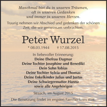 Traueranzeige von Peter Wurzel von WVG - Wochenspiegel Wittenberg