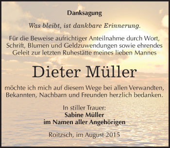 Traueranzeige von Dieter Müller von Mitteldeutsche Zeitung Bitterfeld