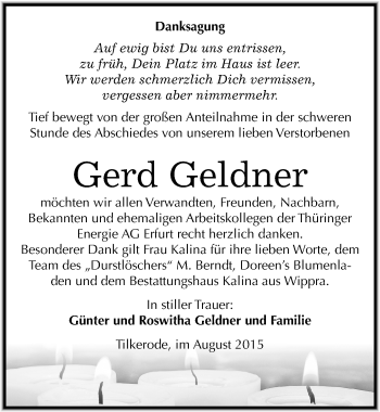 Traueranzeige von Gerd Geldner von Mitteldeutsche Zeitung Mansfelder Land