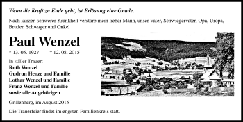 Traueranzeige von Paul Wenzel von Mitteldeutsche Zeitung Sangerhausen