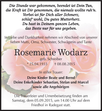 Traueranzeige von Rosemarie Wodarz von Mitteldeutsche Zeitung Köthen