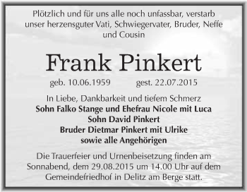 Traueranzeige von Frank Pinkert von WVG - Wochenspiegel Merseburg