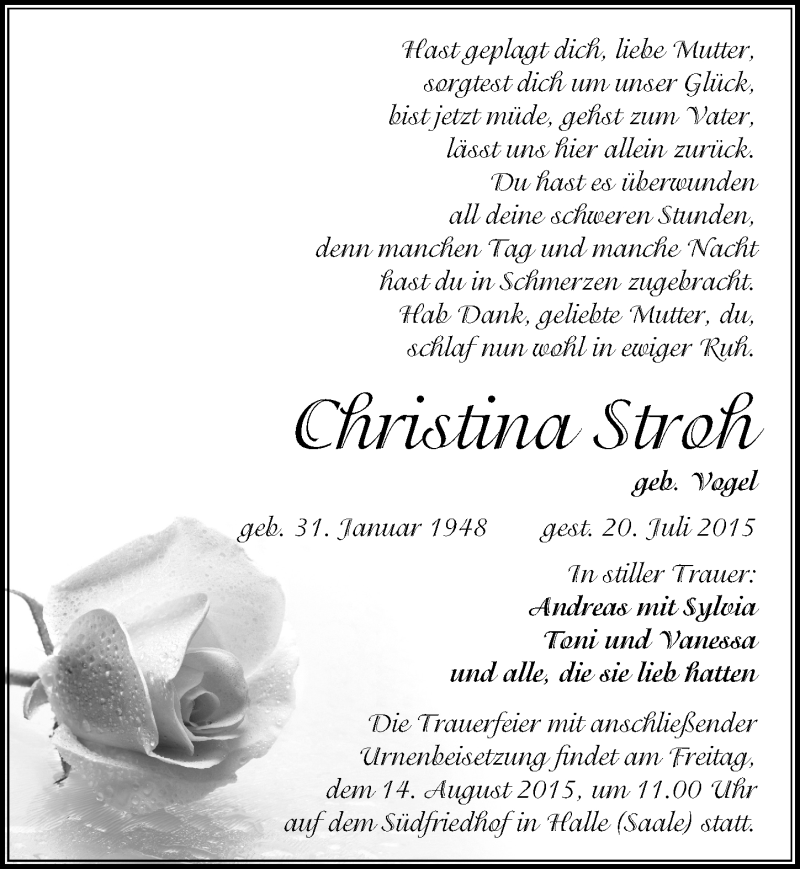  Traueranzeige für Christina Stroh vom 01.08.2015 aus Mitteldeutsche Zeitung Halle/Saalkreis