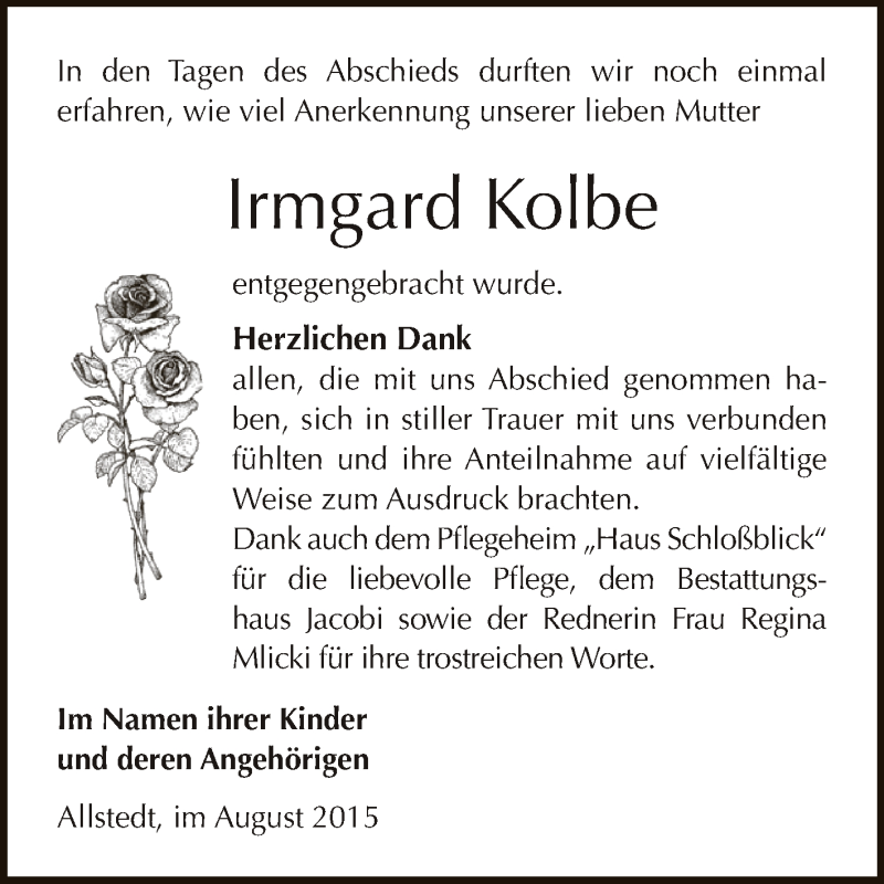  Traueranzeige für Irmgard Kolbe vom 22.08.2015 aus Super Sonntag SGH Mansf. Land
