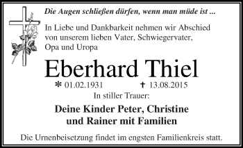 Traueranzeige von Eberhard Thiel von WVG - Wochenspiegel Dessau / Köthen