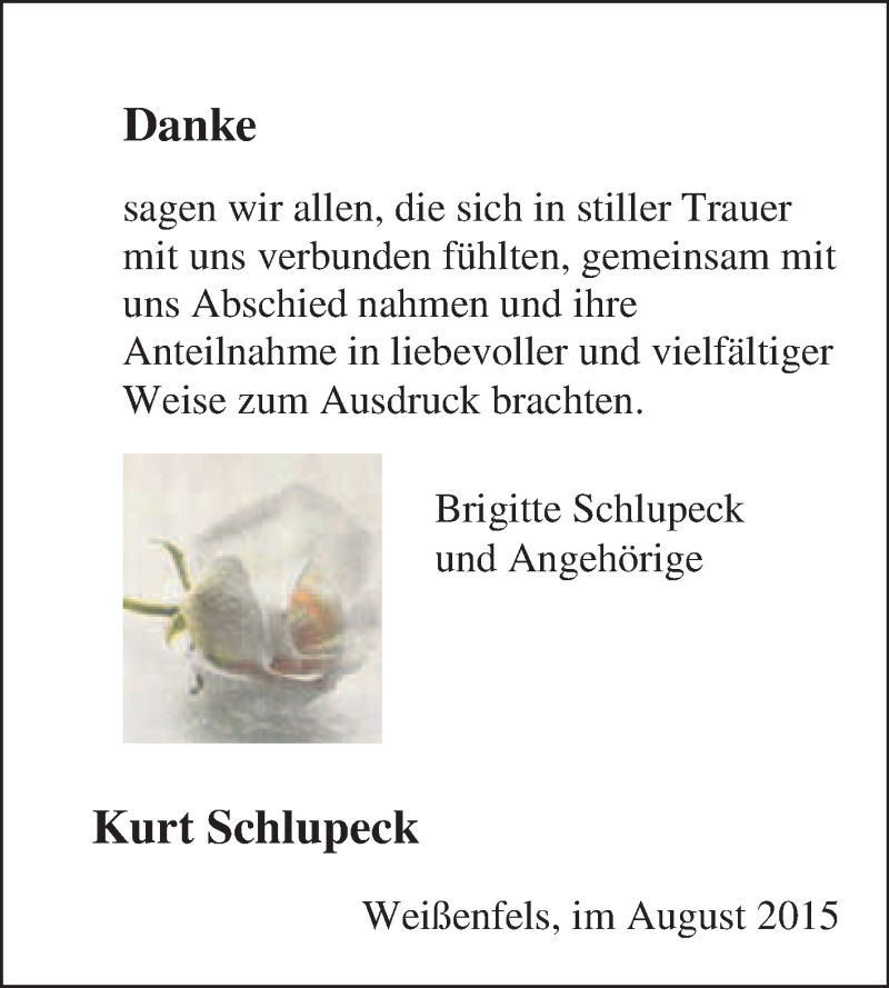  Traueranzeige für Kurt Schlupeck vom 12.08.2015 aus WVG - Wochenspiegel NMB / WSF / ZTZ