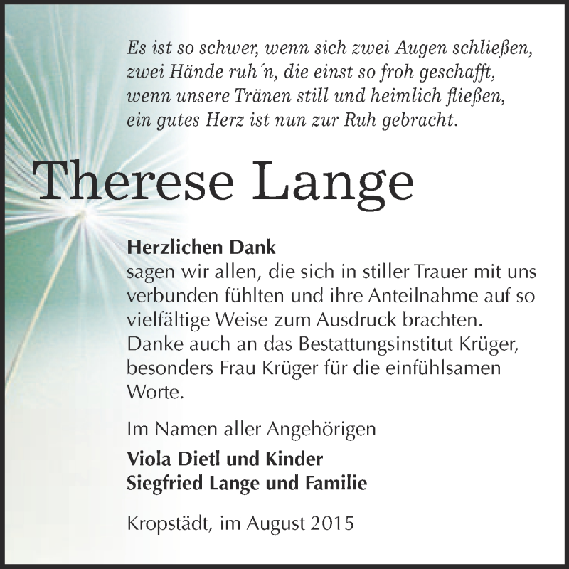  Traueranzeige für Therese Lange vom 15.08.2015 aus WVG - Wochenspiegel Wittenberg