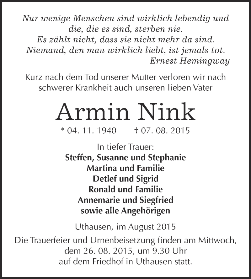 Traueranzeige für Armin Nink vom 15.08.2015 aus WVG - Wochenspiegel Wittenberg