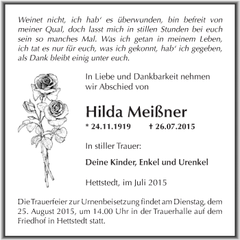 Traueranzeige von Hilda Meißner von Wochenspiegel Mansfelder Land