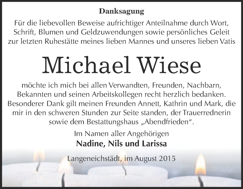  Traueranzeige für Michael Wiese vom 15.08.2015 aus WVG - Wochenspiegel Merseburg