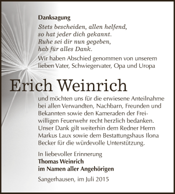 Traueranzeige von Erich Weinrich von Super Sonntag SGH Mansf. Land