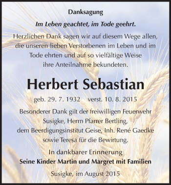 Traueranzeige von Herbert Sebastian von Mitteldeutsche Zeitung Köthen