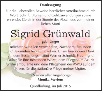 Traueranzeige von Sigrid Grünwald von WVG - Wochenspiegel Quedlinburg