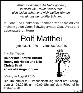 Traueranzeige von Rolf Matthei von WVG - Wochenspiegel NMB / WSF / ZTZ