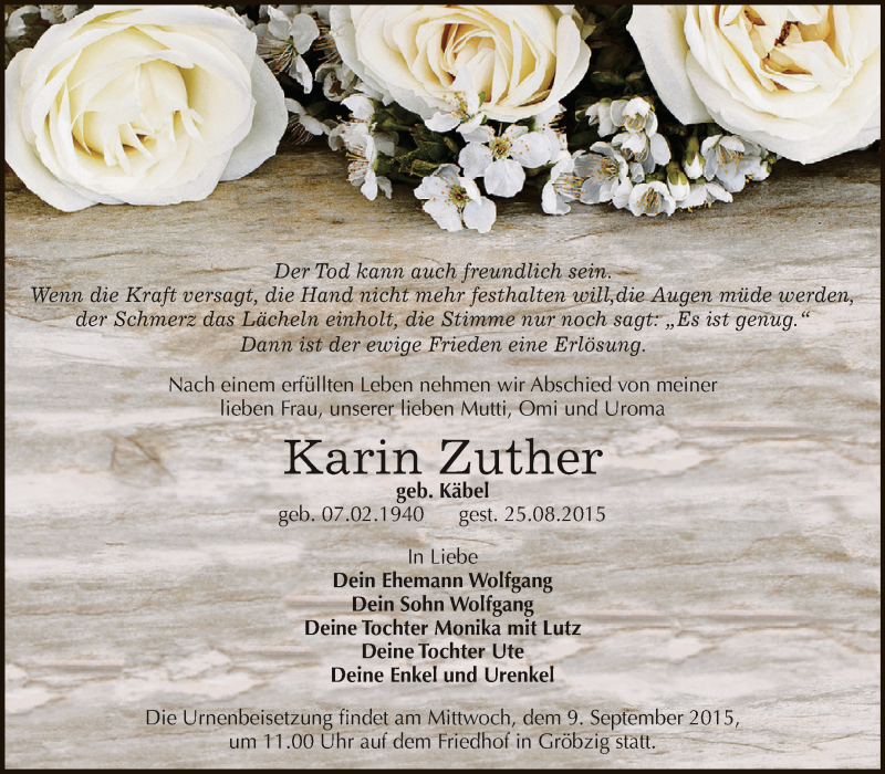 Traueranzeige für Karin Zuther vom 29.08.2015 aus WVG - Wochenspiegel Dessau / Köthen