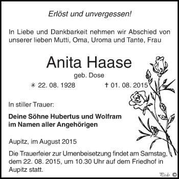 Traueranzeige von Anita Haase von WVG - Wochenspiegel NMB / WSF / ZTZ