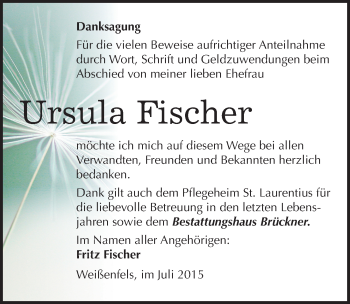 Traueranzeige von Ursula Fischer von Mitteldeutsche Zeitung Weißenfels