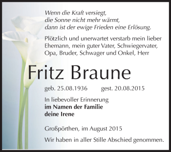 Traueranzeige von Fritz Braune von Super Sonntag Zeitz