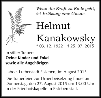 Traueranzeige von Helmut Kanakowsky von Mitteldeutsche Zeitung Mansfelder Land