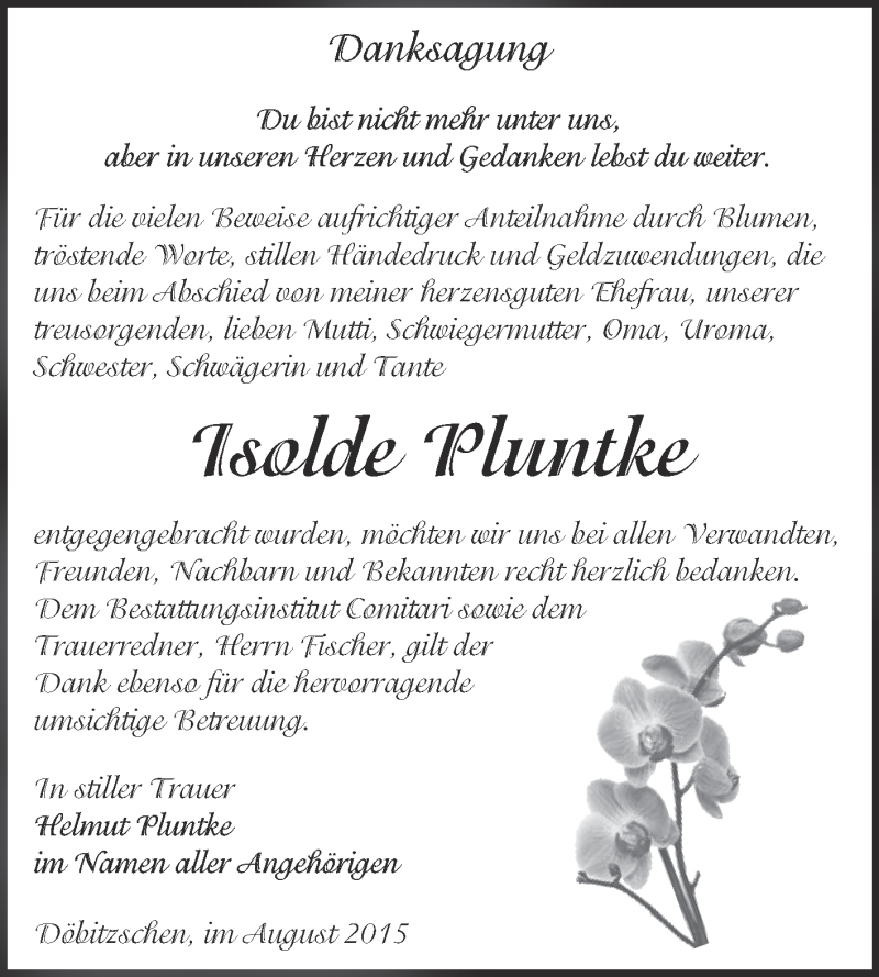  Traueranzeige für Isolde Pluntke vom 22.08.2015 aus Super Sonntag Zeitz