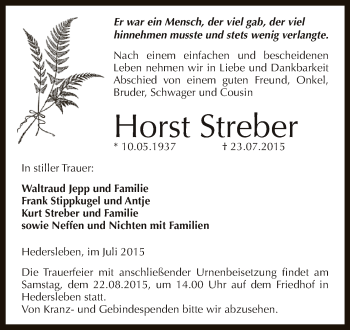 Traueranzeige von Horst Streber von Super Sonntag SGH Mansf. Land