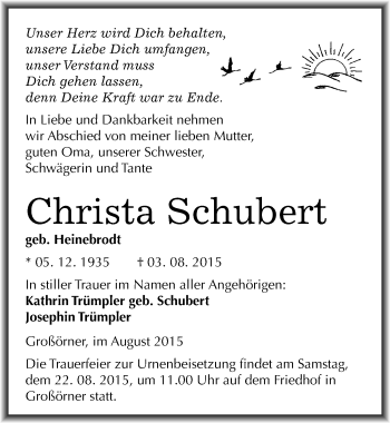 Traueranzeige von Christa Schubert von Mitteldeutsche Zeitung Mansfelder Land