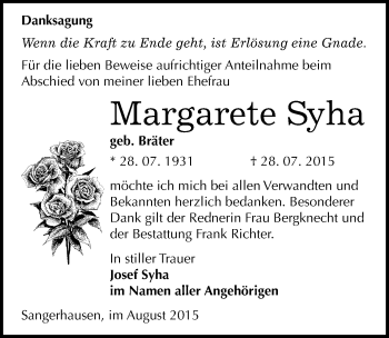 Traueranzeige von Margarete Syha von Mitteldeutsche Zeitung Sangerhausen