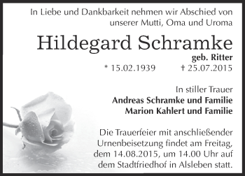 Traueranzeige von Hildegard Schramke von Super Sonntag Bernburg