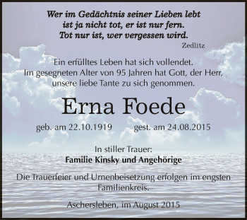 Traueranzeige von Erna Foede von Super Sonntag Aschersleben