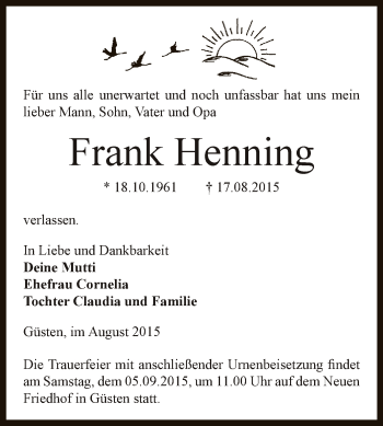 Traueranzeige von Frank Henning von Super Sonntag Bernburg