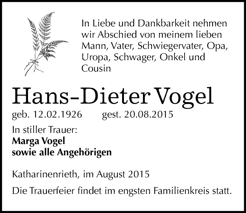  Traueranzeige für Hans-Dieter Vogel vom 29.08.2015 aus Mitteldeutsche Zeitung Sangerhausen