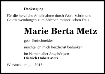Traueranzeige von Marie Berta Metz von Mitteldeutsche Zeitung Naumburg/Nebra